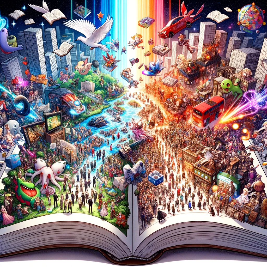 Illustration of a novel's pages vividly transforming into a bustling digital game world, filled with diverse game characters, challenges, and rewards,