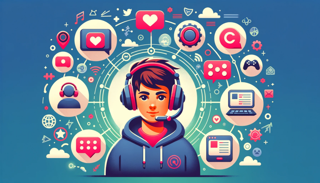 Illustration of a gamer wearing headphones, surrounded by floating icons representing chat support, social media interactions, web browser, and in-app