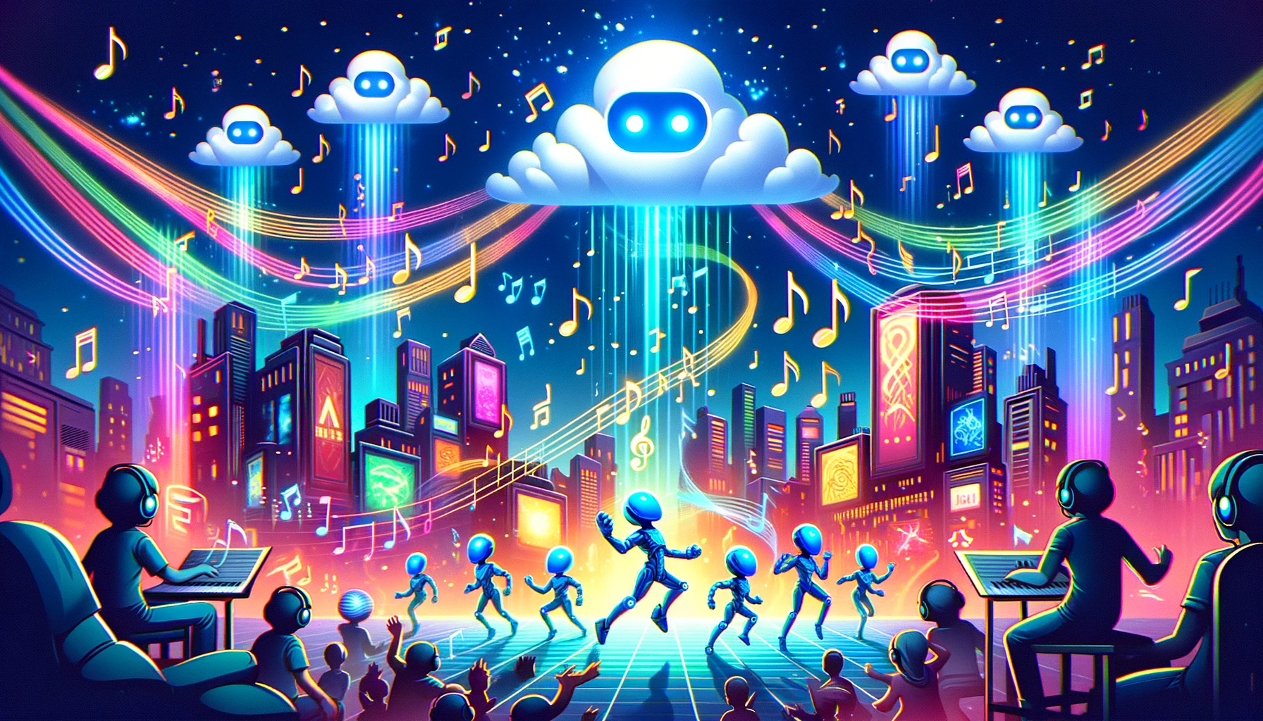 Illustration of a vibrant gaming world with characters dancing to music notes. In the background, a silhouette of a city with glowing buildings, each