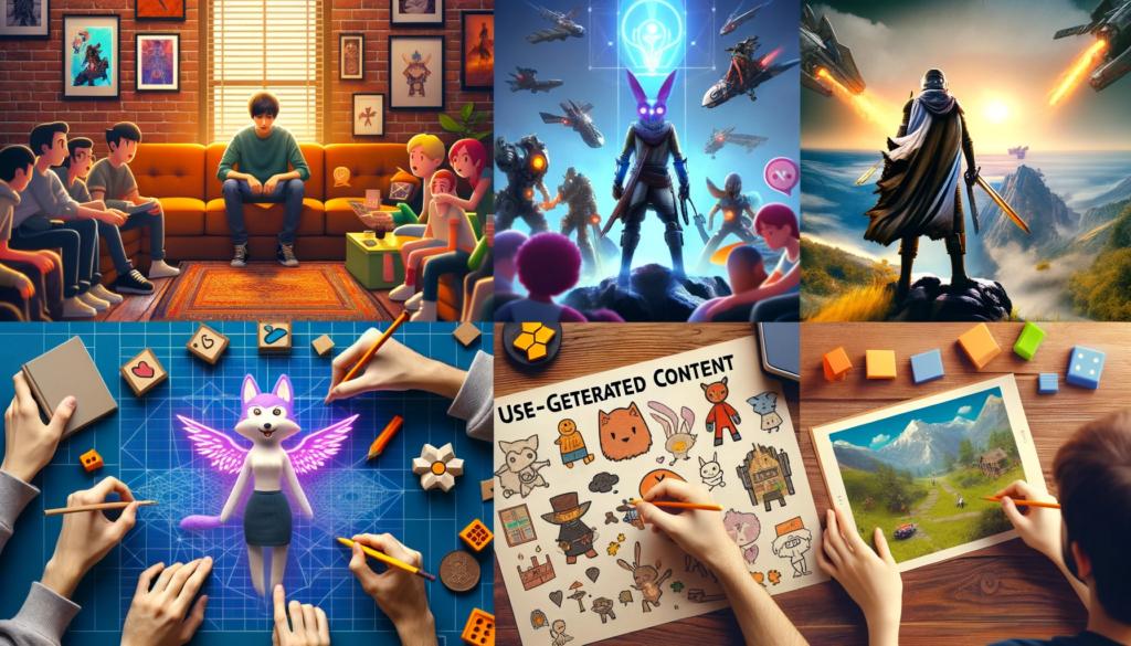 Photo collage of various user-generated content aspects in gaming_ a player showcasing fan art, another designing a custom game level, and someone sha.png