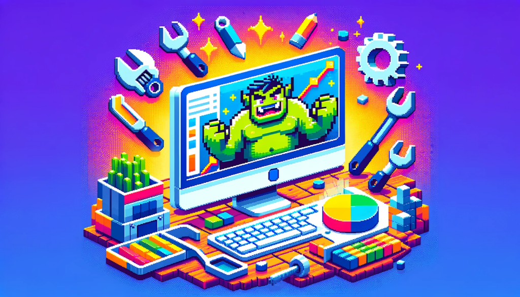 A vibrant pixel art scene in a 16_9 aspect ratio, featuring a pixelated computer with various pixelated tools around it, symbolizing game launch