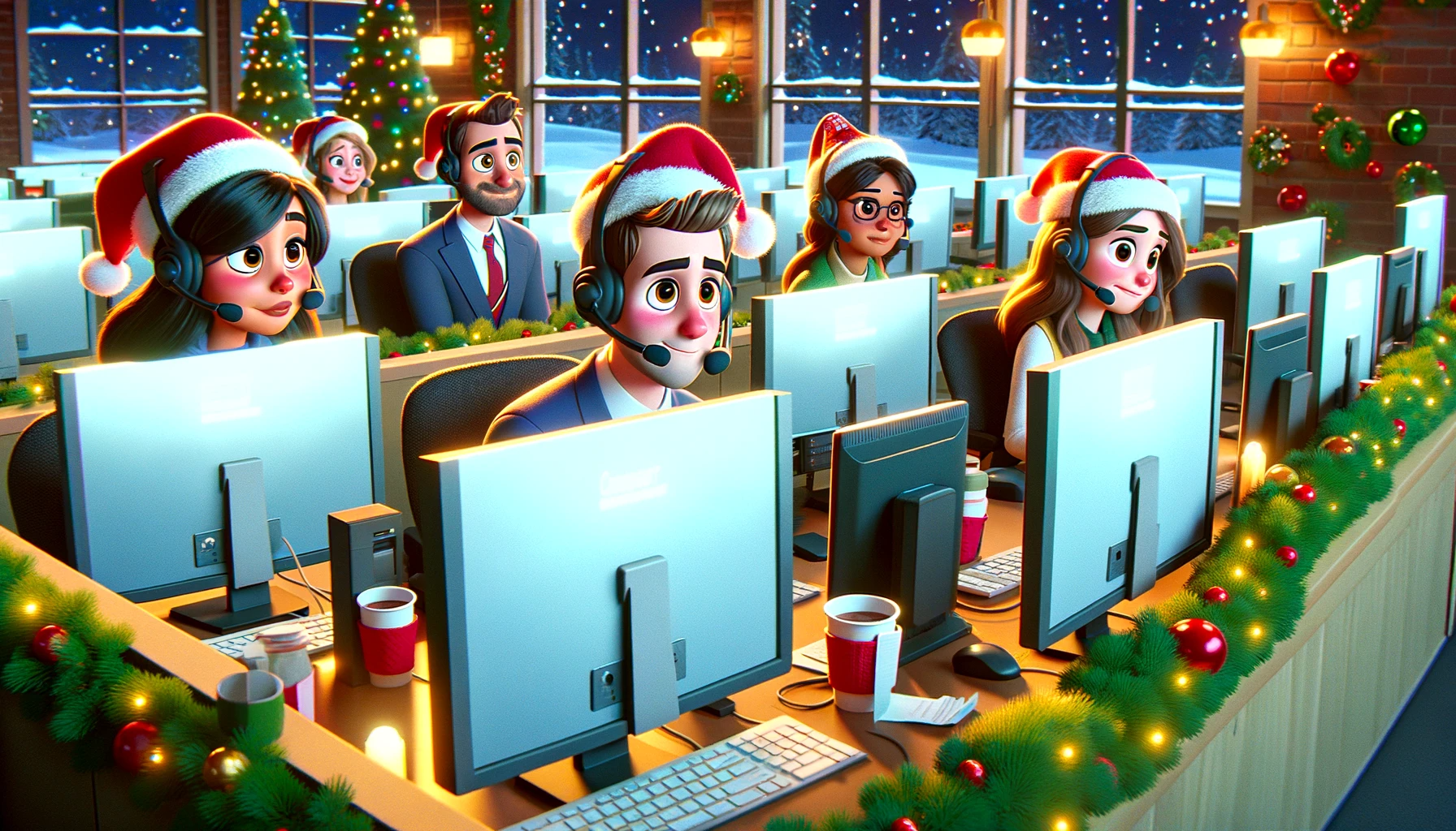 Pixar-style-animation-of-a-group-of-customer-support-representatives-sitting-by-computers-in-a-festive-holiday-themed-setting.-A-few-are-wearing-Chris.png