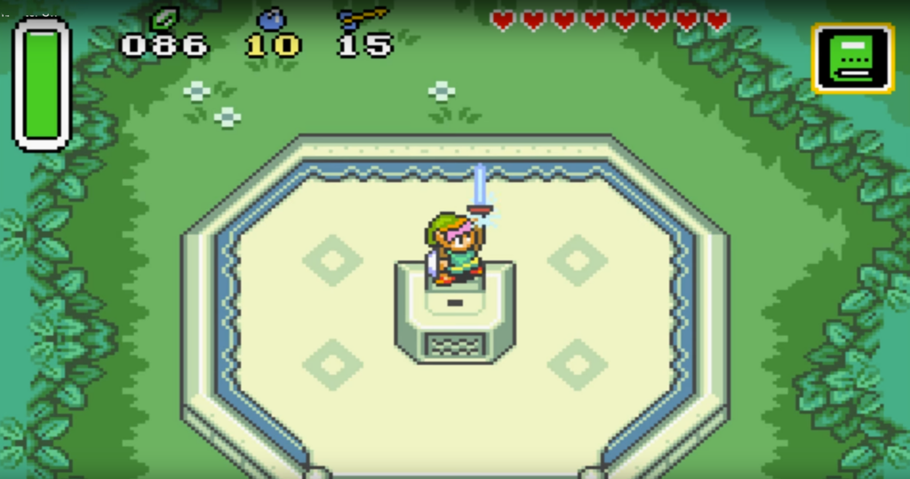 link finding the master sword and holding it up