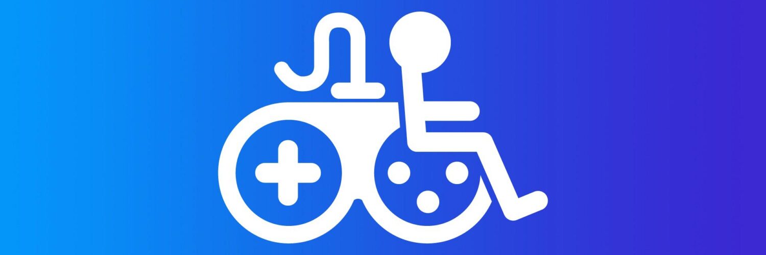 Blue Image with White Handicap logo with user sitting on an video game controller.